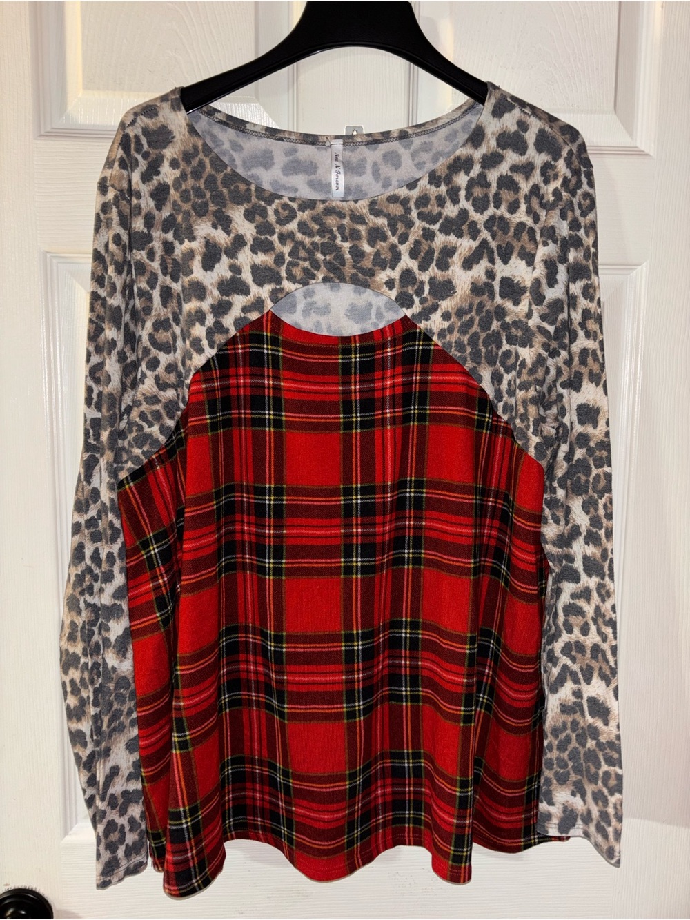 Forever 21 Red Plaid Front with Leopard-Print Sleeves Top